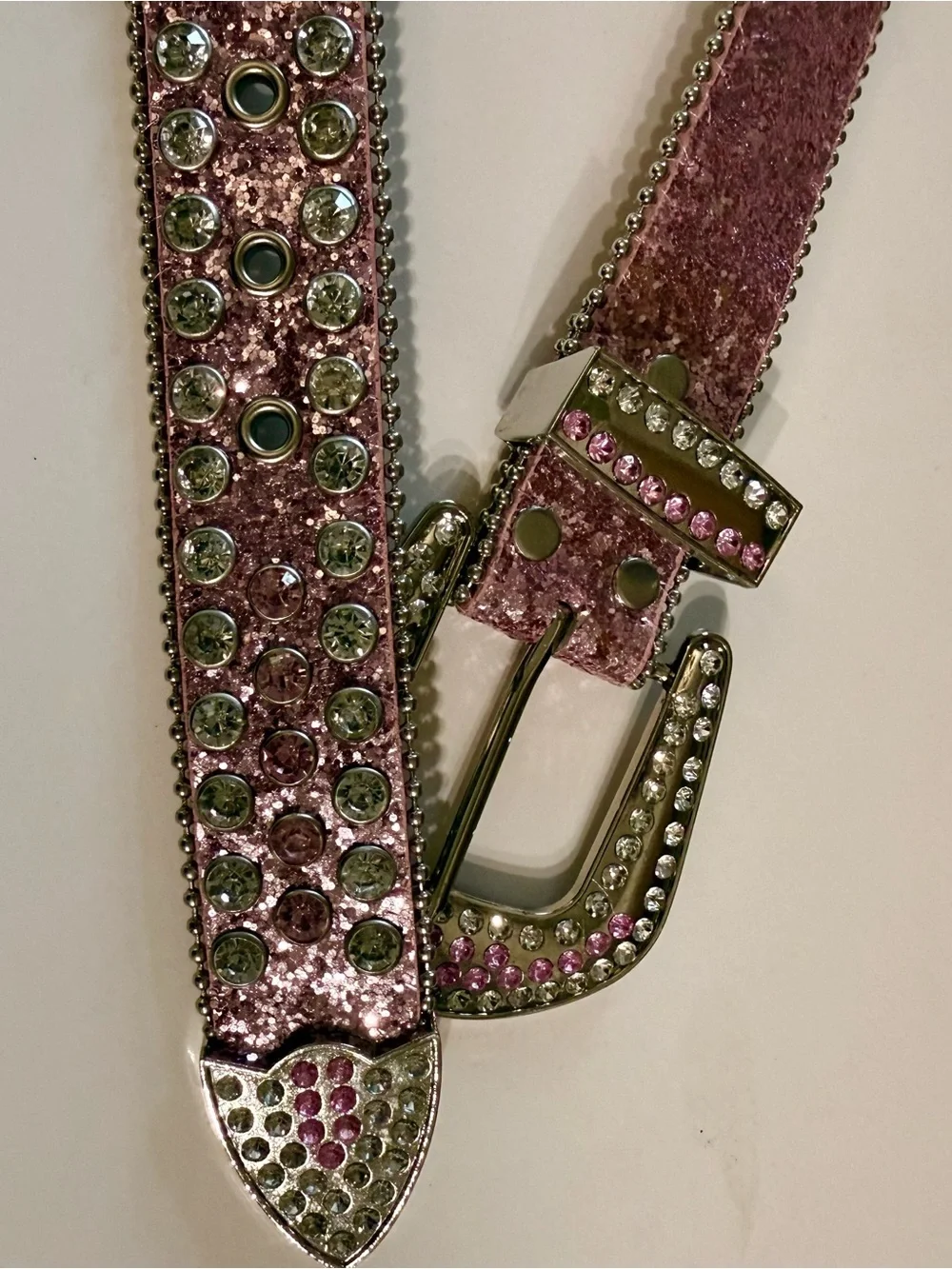 Quality rhinestone, glitter leather, silvertone grommet western belt- 37-43